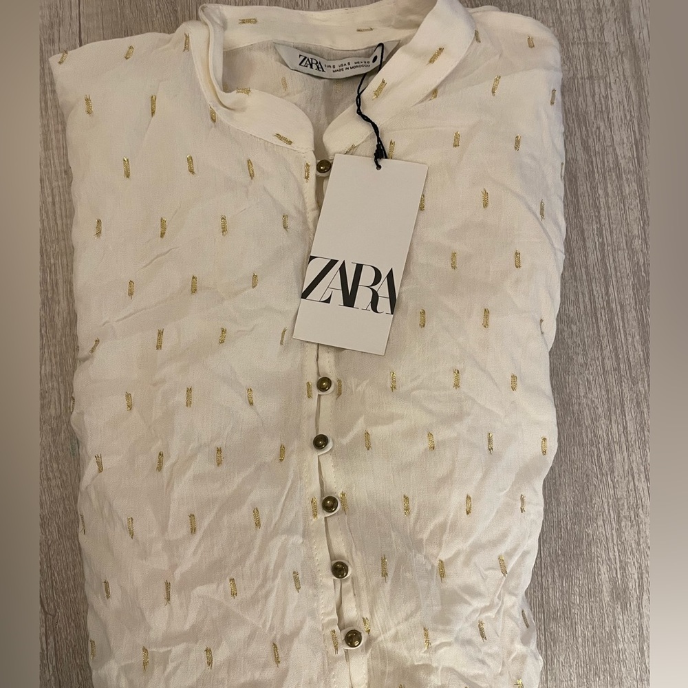 Zara White & Gold Metallic Thread Long Sleeve Button Up Mini Dress Size S